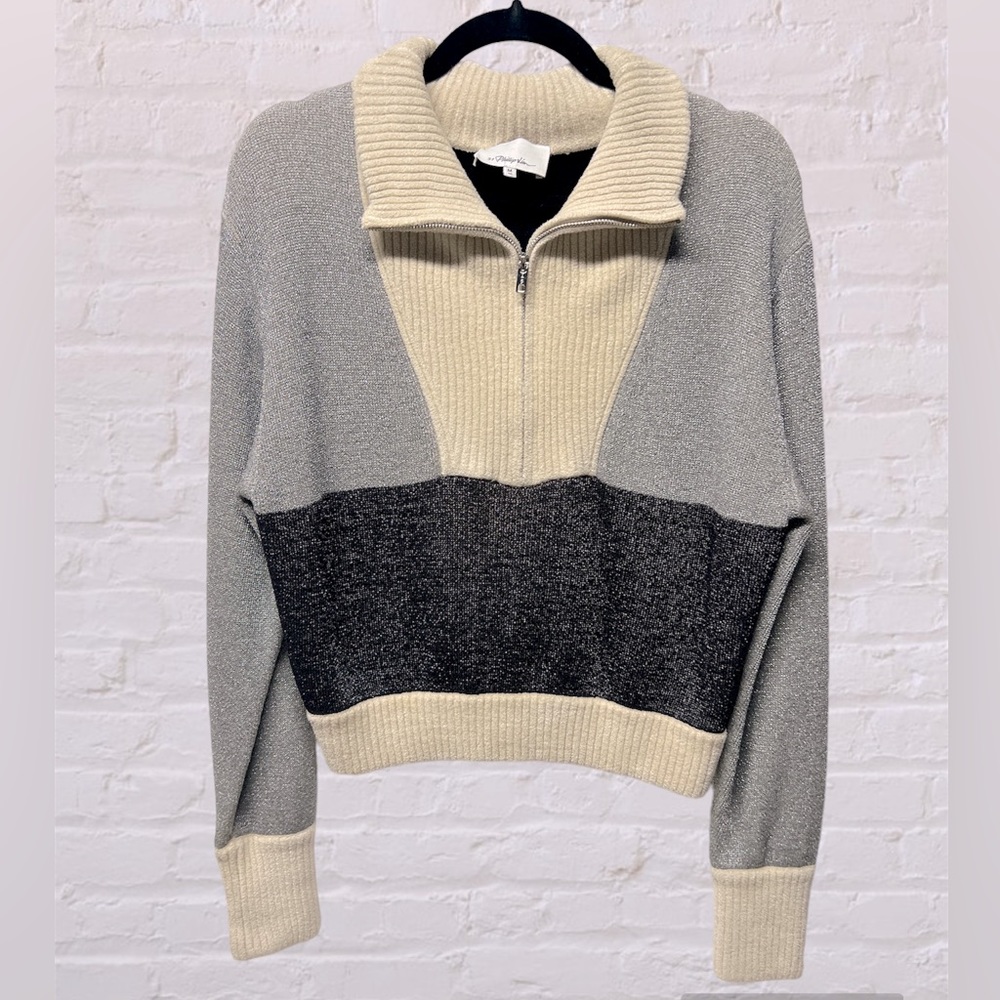 3.1 PHILLIP LIM Lurex Half-Zip Sweater shimmer knit medium gray cream